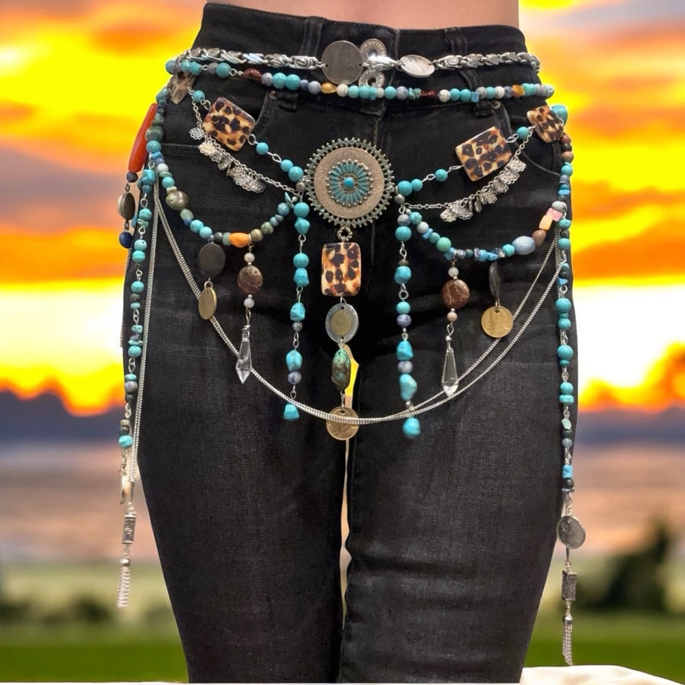 Upcycled Bohemian Beaded Chain Belt with Faux Turquoise & Vintage Charms
